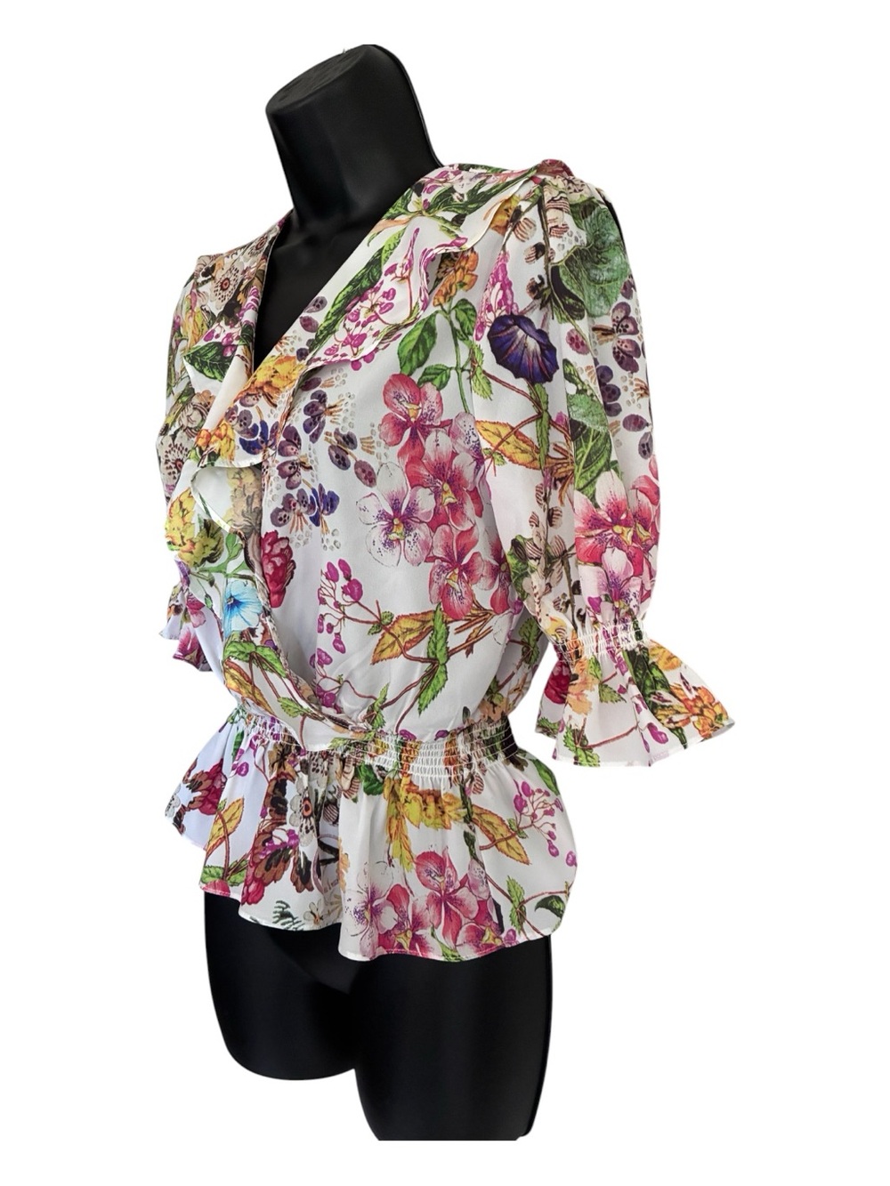 Milkmaid Romantic Summer Floral Ruffle Smocked V-Neck Peplum Blouse Sz XS - Picture 5 of 11